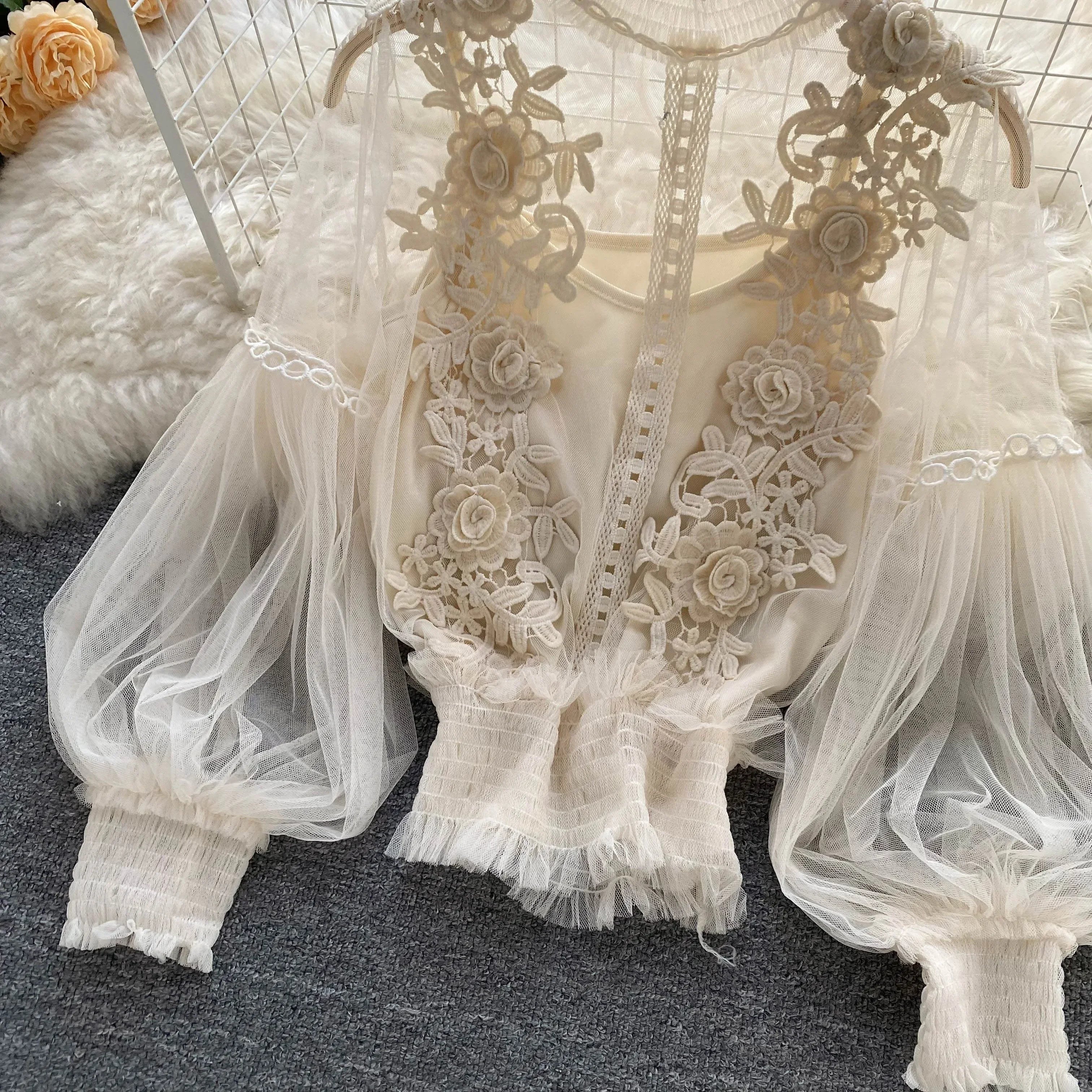 Lace Puff Long Sleeve Blouse Vintage Fashion Blouses Elegant Femme Blusas Korean Woman Tops Women Shirts Clothing Dropshipping