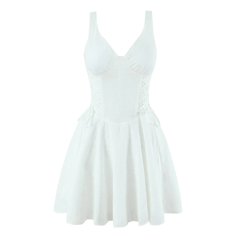 Sexy White Embroidery Floral Corset style Boning Tank Dress Women Cross Lacing up Bow Slim Waist Swing Short Dresses Vestdios