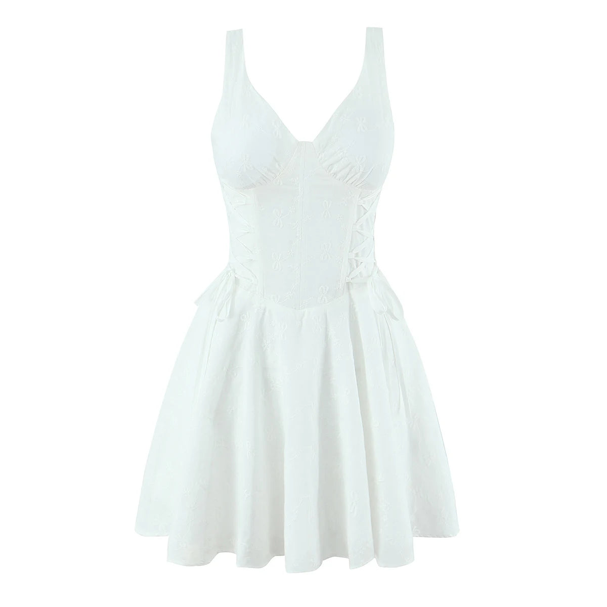 Sexy White Embroidery Floral Corset style Boning Tank Dress Women Cross Lacing up Bow Slim Waist Swing Short Dresses Vestdios