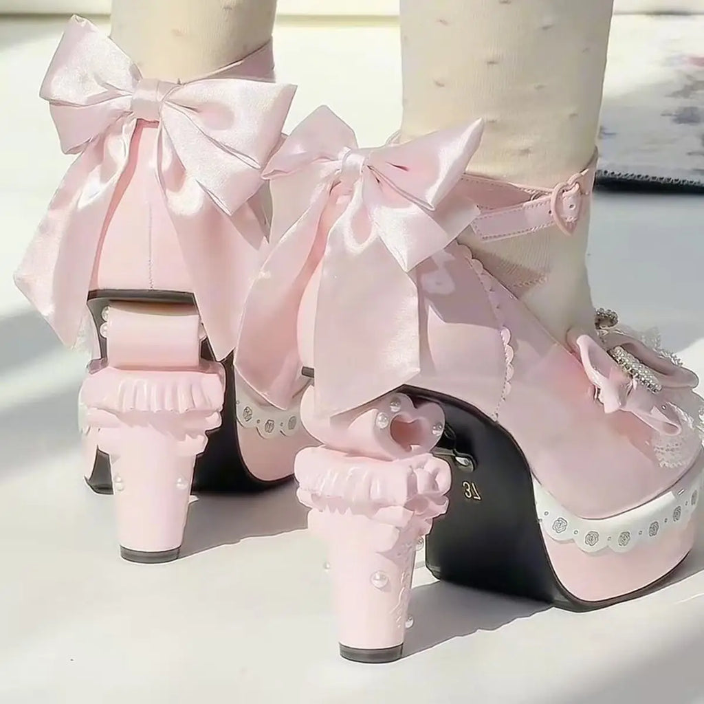 Original Sweet Lolita High Heels Fairy Style Japanese Cosplay Women Leather Shoe 5cm Design Bow Rhinestone Street Shoes Y2k