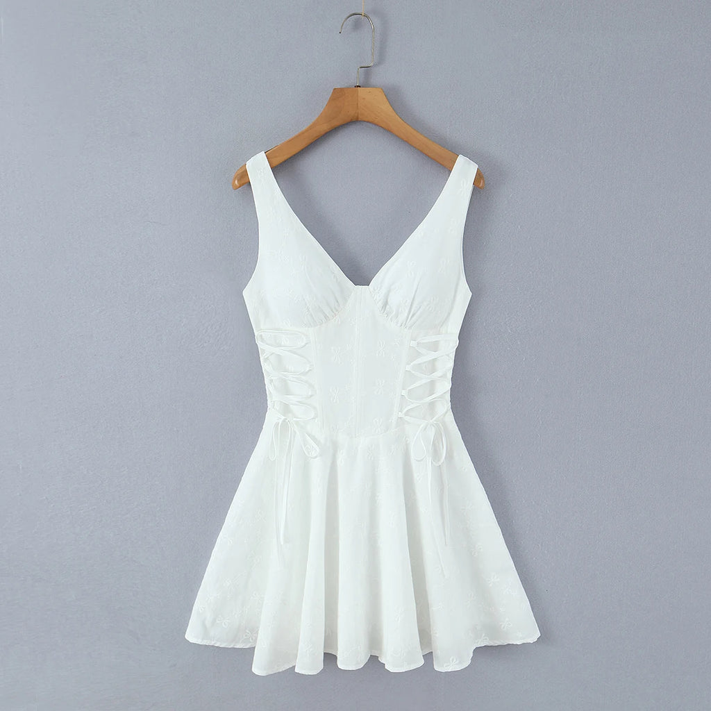 Sexy White Embroidery Floral Corset style Boning Tank Dress Women Cross Lacing up Bow Slim Waist Swing Short Dresses Vestdios