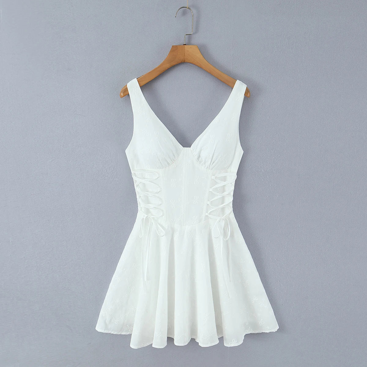 Sexy White Embroidery Floral Corset style Boning Tank Dress Women Cross Lacing up Bow Slim Waist Swing Short Dresses Vestdios