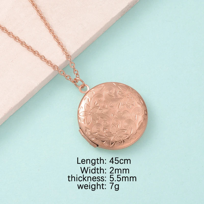 RUMNVNTY 5pc Carved Designs Round Photo Frame Pendant Necklace Stainless Steel Charms Locket Girls Women Memorial Jewelry