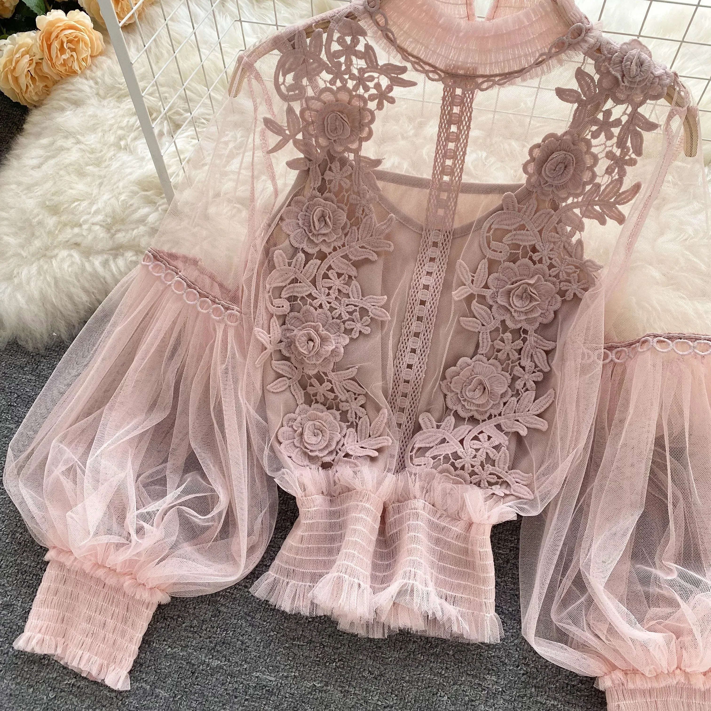Lace Puff Long Sleeve Blouse Vintage Fashion Blouses Elegant Femme Blusas Korean Woman Tops Women Shirts Clothing Dropshipping