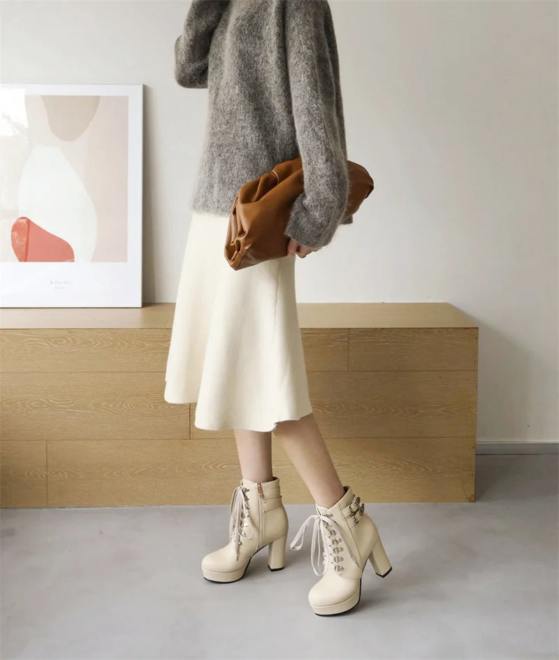 Winter Pink White Red Platform Ankle Boots Women High Chunky Heel Party Dress Lady Buckle Zipper Platform Short Motorcycle Boots