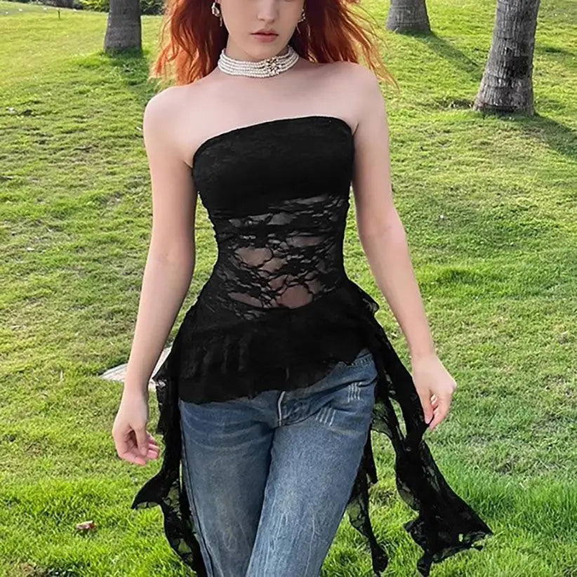 Summer Women Sexy Lace Splice Tube Top Vest Irregular Ruffle Hem Slim Fit Pure Desire Spicy Style Fashion Outwear Tops