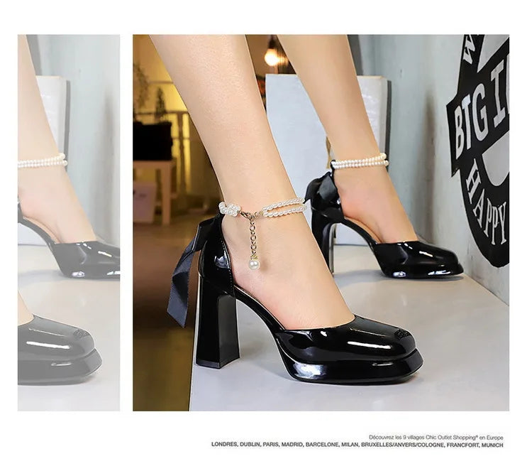 Square Toe Sandals Women 9CM Thick High Heel Summer Party Dress Shoes With White Bowknot Ankle Pearl Chain Platform Ladies Shoes