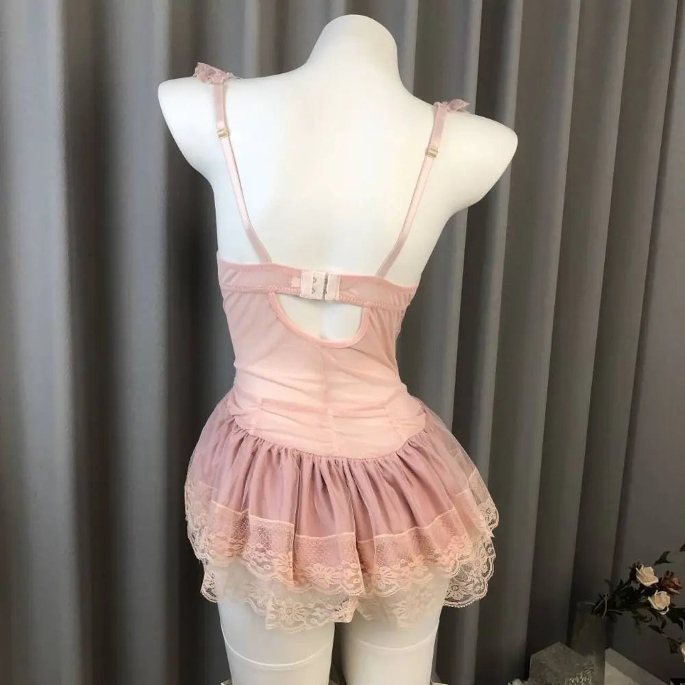 Comfortable Thin Sweet Lace Nightdress Beauty-back Lace-up Sleeveless Nightwear with Chest Pad Homewear Pajamas Women Female