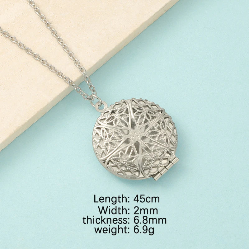 RUMNVNTY 5pc Carved Designs Round Photo Frame Pendant Necklace Stainless Steel Charms Locket Girls Women Memorial Jewelry