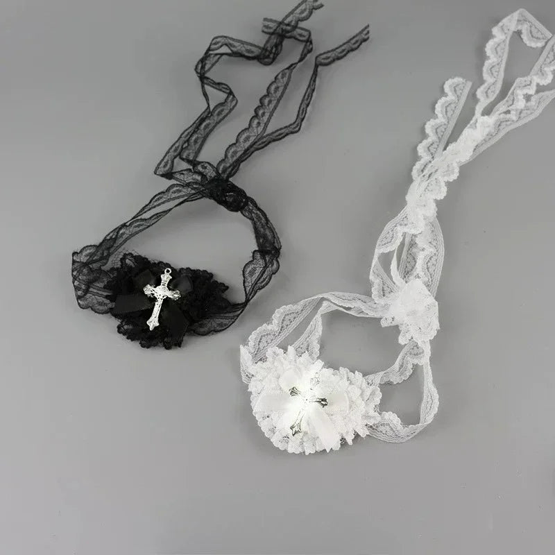 Black White Cross Eye Mask Women Lolita Heart Bowknot Lace Necklace Eye Patch Gothic Vibe Eyewear Punk Cosplay Party Accessories