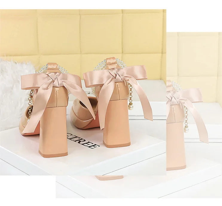 Square Toe Sandals Women 9CM Thick High Heel Summer Party Dress Shoes With White Bowknot Ankle Pearl Chain Platform Ladies Shoes