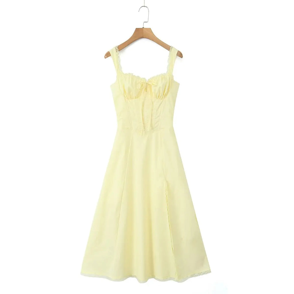 2024 Sexy Sky blue Splice Lace Bow Ruched Chest Corset Style Sling Dress Cross Bandage Lacing Up Back Hem Slit Midi Robe Women