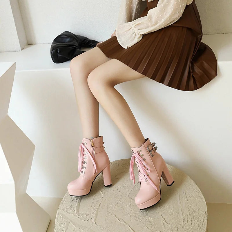 Winter Pink White Red Platform Ankle Boots Women High Chunky Heel Party Dress Lady Buckle Zipper Platform Short Motorcycle Boots