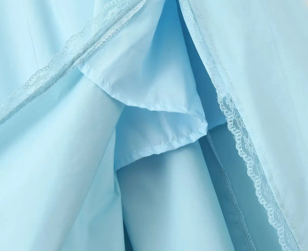2024 Sexy Sky blue Splice Lace Bow Ruched Chest Corset Style Sling Dress Cross Bandage Lacing Up Back Hem Slit Midi Robe Women
