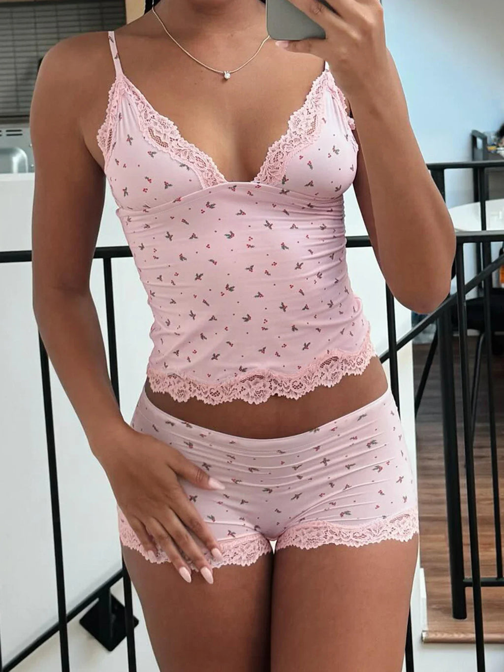 Women Sleepwear Pink Floral Lace Patchwork Two-piece Pajamas Set Sleeveless Camisoles and Slim Cute Shorts Loungewear