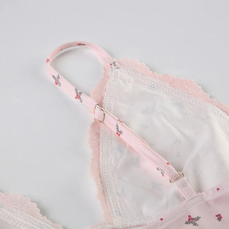 Women Sleepwear Pink Floral Lace Patchwork Two-piece Pajamas Set Sleeveless Camisoles and Slim Cute Shorts Loungewear