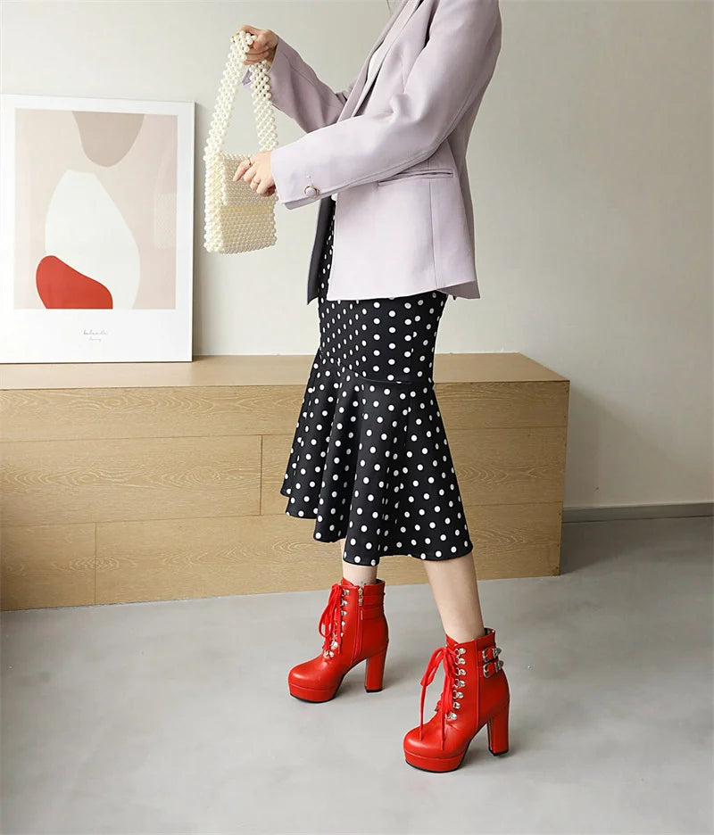Winter Pink White Red Platform Ankle Boots Women High Chunky Heel Party Dress Lady Buckle Zipper Platform Short Motorcycle Boots