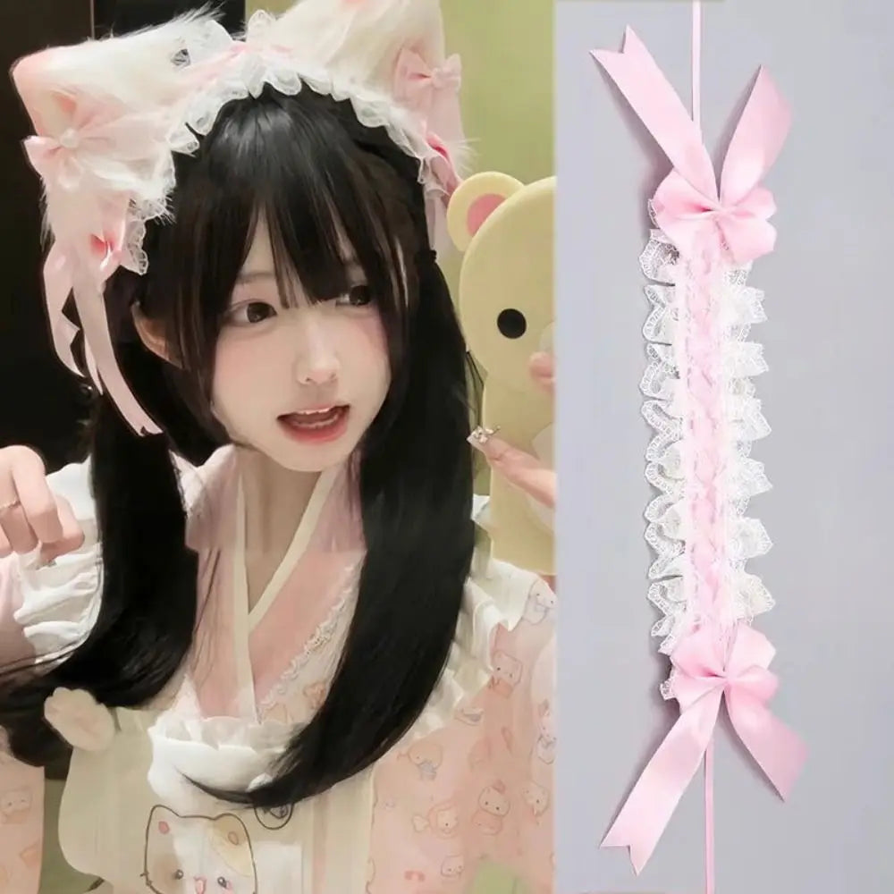 New Lolita Cat Ears Headband Lace Cosplay Head Wrap Bow Headdress Women