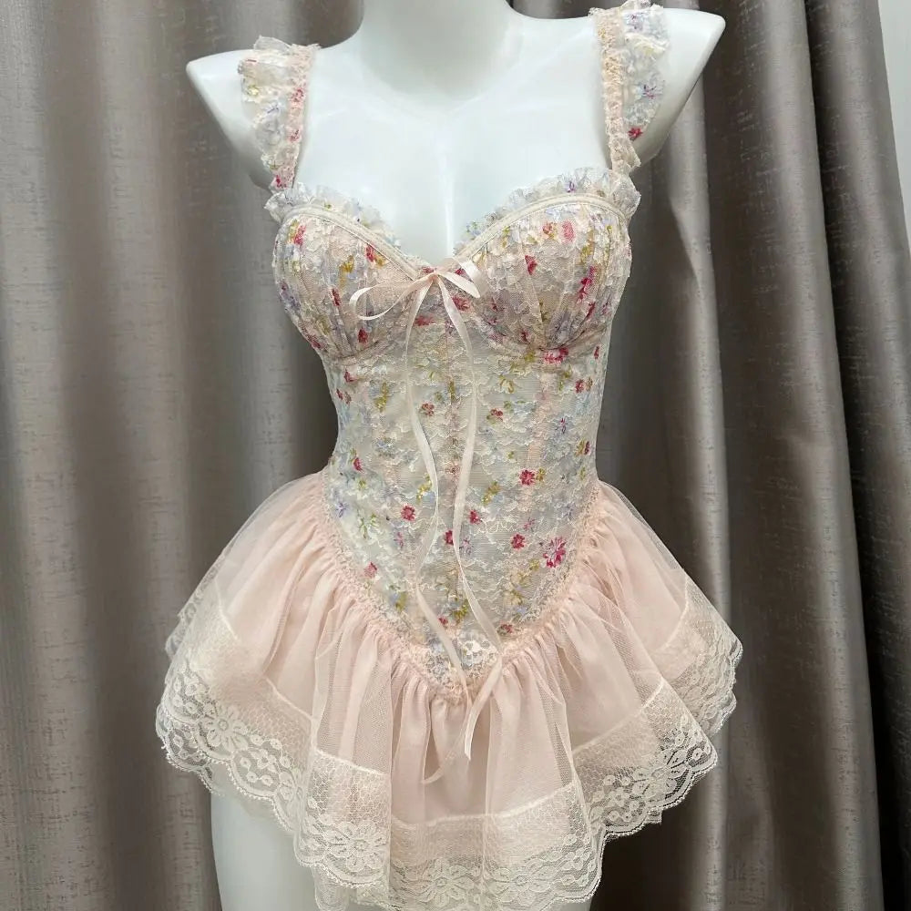 Comfortable Thin Sweet Lace Nightdress Beauty-back Lace-up Sleeveless Nightwear with Chest Pad Homewear Pajamas Women Female