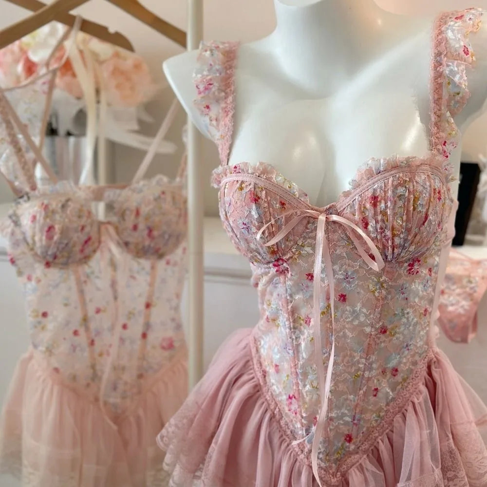Comfortable Thin Sweet Lace Nightdress Beauty-back Lace-up Sleeveless Nightwear with Chest Pad Homewear Pajamas Women Female