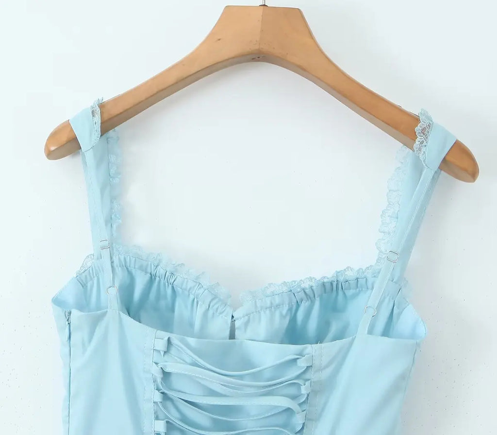 2024 Sexy Sky blue Splice Lace Bow Ruched Chest Corset Style Sling Dress Cross Bandage Lacing Up Back Hem Slit Midi Robe Women