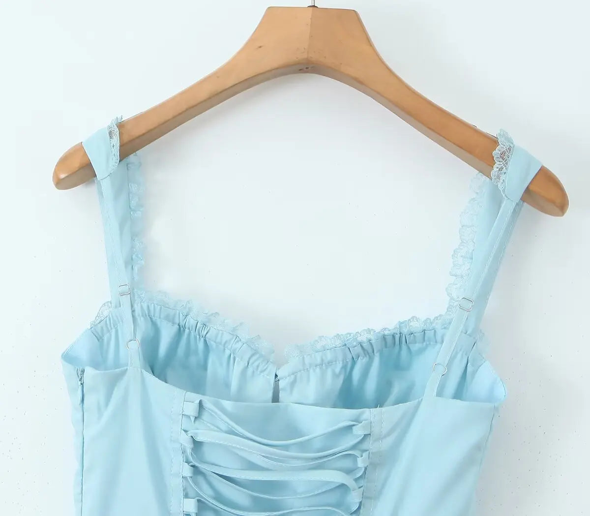 2024 Sexy Sky blue Splice Lace Bow Ruched Chest Corset Style Sling Dress Cross Bandage Lacing Up Back Hem Slit Midi Robe Women