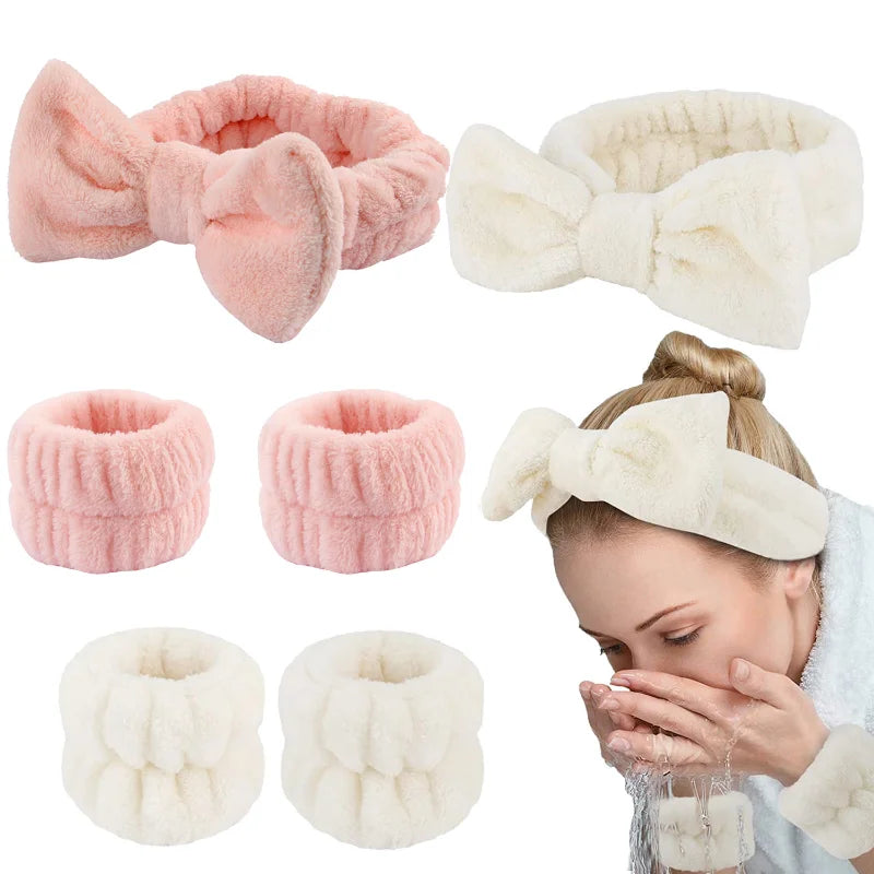 3Pcs Bow Headband Wristband Set Towel Elastic Soft Washing Face Shower Make Up Yoga Sports Skincare Headband for Women Girls