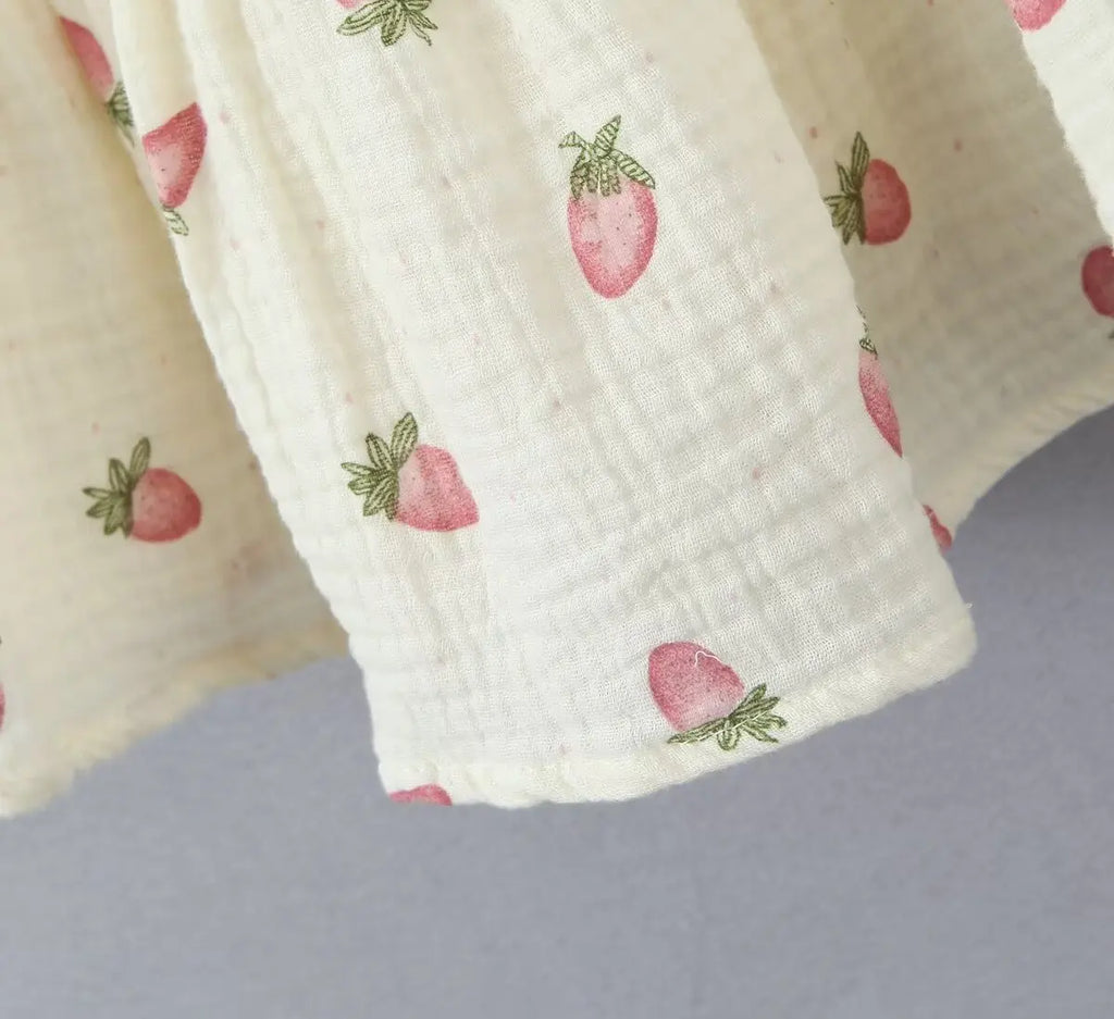 Women Sexy Beige Strawberry Tie Bow Strap Dress Cross Lacing Up Back Slim Waist Wood ears Swing Cake Mini Robe Vestidos