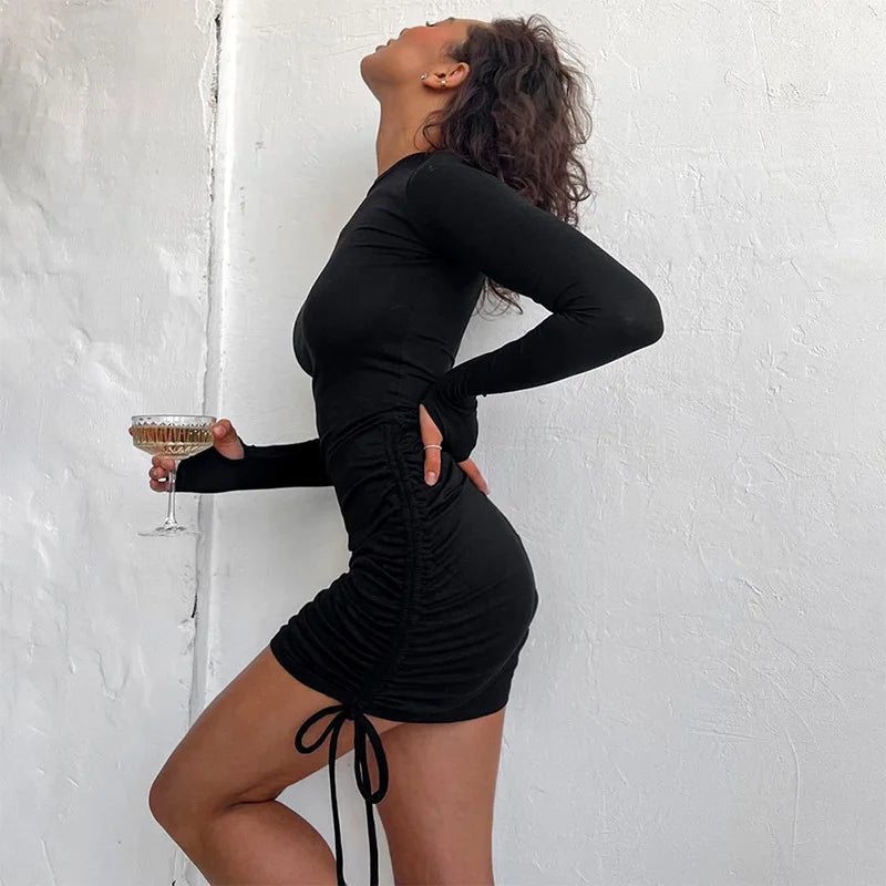 Long Sleeve Black Dress Drawstring Autumn Sexy Bodycon Bandage Mini Womens Dresses Sheath Club Dresses Women Short Mini Vestidos