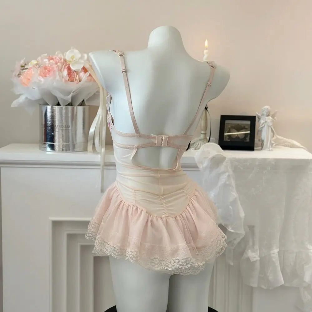 Comfortable Thin Sweet Lace Nightdress Beauty-back Lace-up Sleeveless Nightwear with Chest Pad Homewear Pajamas Women Female