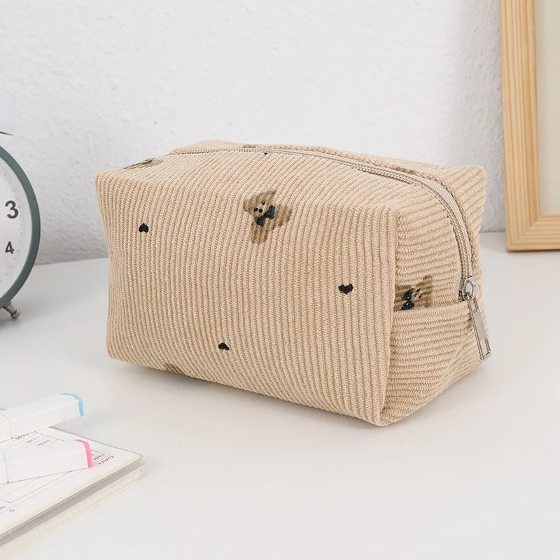 Kawaii Corduroy Travel Cosmetic Lipstick Skincare Storage Bag Toiletry Kit Women Makeup Handbags Organizer Pouch Bag Pencil Case