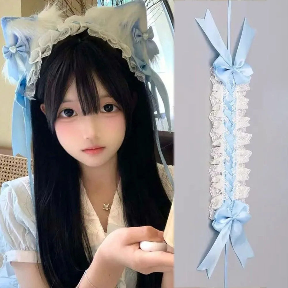 New Lolita Cat Ears Headband Lace Cosplay Head Wrap Bow Headdress Women