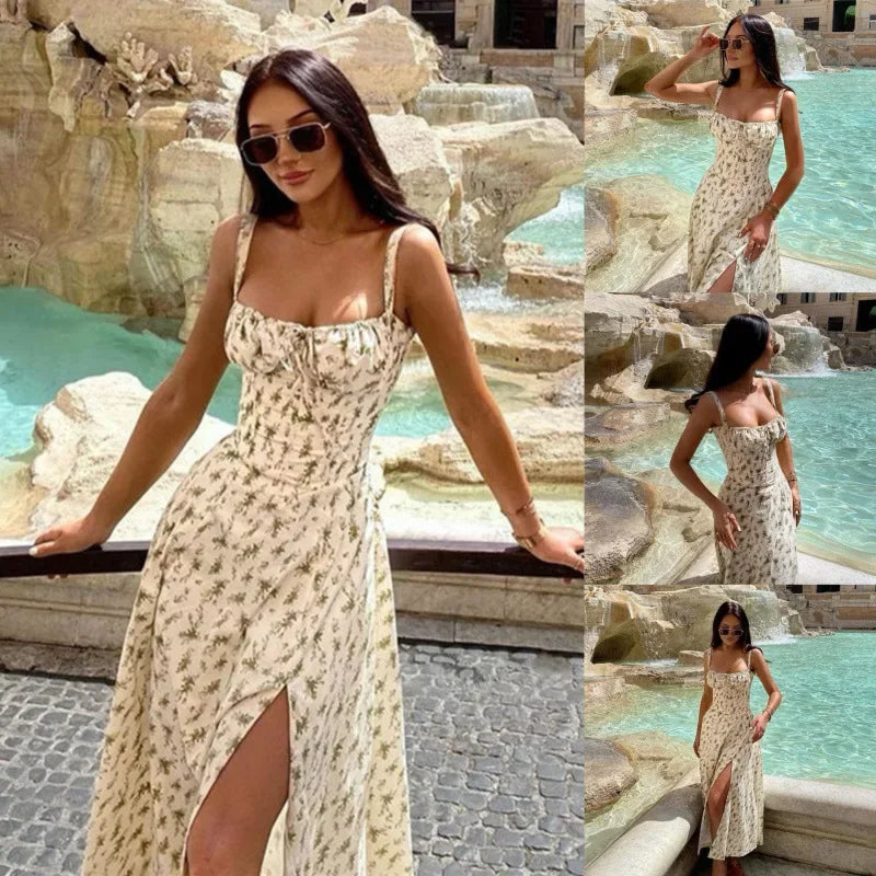 Sexy Floral Print Corset Long Dress Women's Slips Dresses Female Bandage Spring Summer Y2K Summer Holiday Vacatioin White Pink