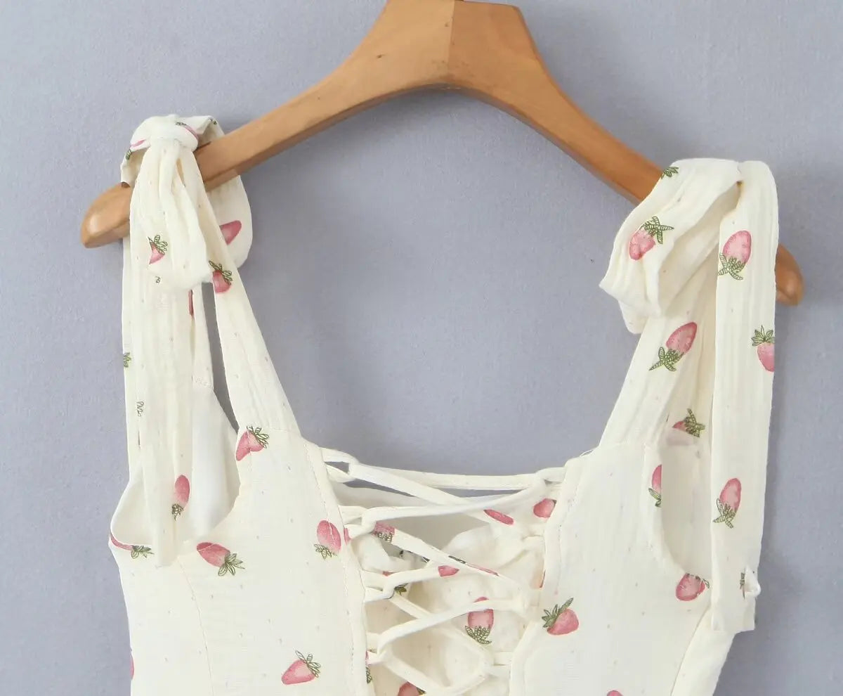 Women Sexy Beige Strawberry Tie Bow Strap Dress Cross Lacing Up Back Slim Waist Wood ears Swing Cake Mini Robe Vestidos