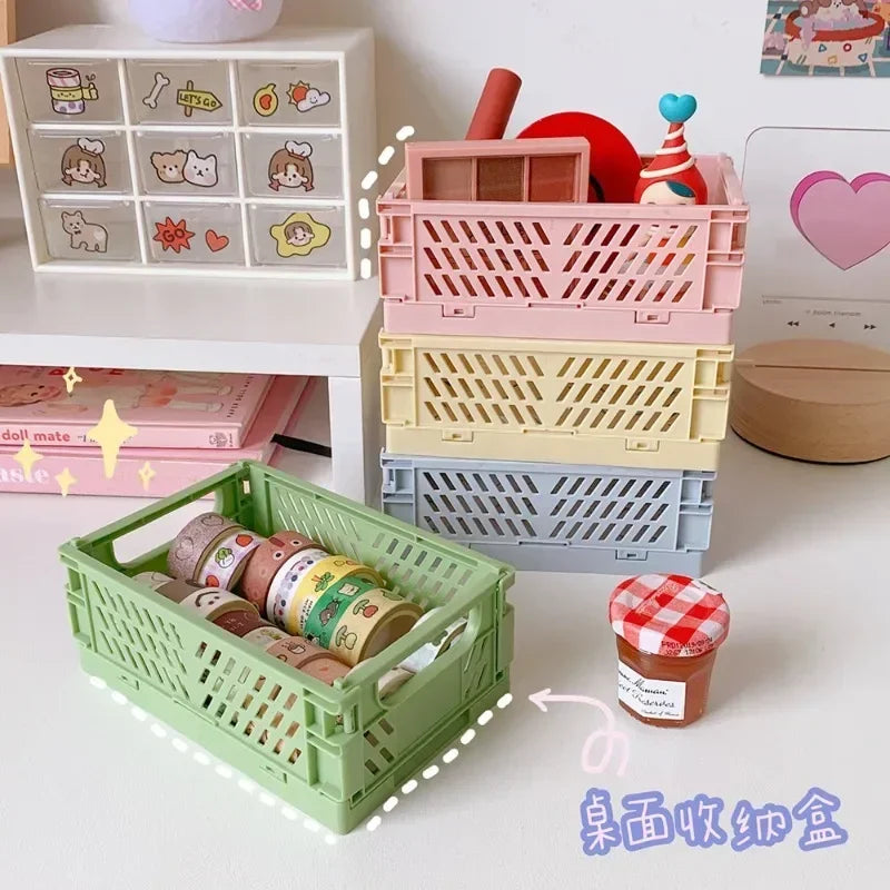 Folding Plastic Storage Box Collapsible Storage Mini Container Desktop Cosmetic Storage Basket Home Office Organizer Box