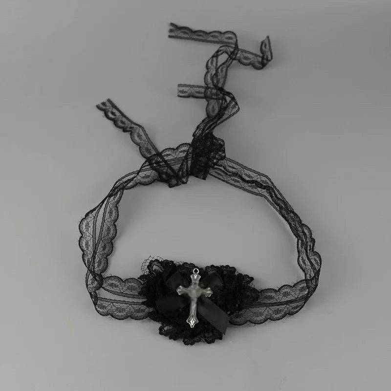 Black White Cross Eye Mask Women Lolita Heart Bowknot Lace Necklace Eye Patch Gothic Vibe Eyewear Punk Cosplay Party Accessories