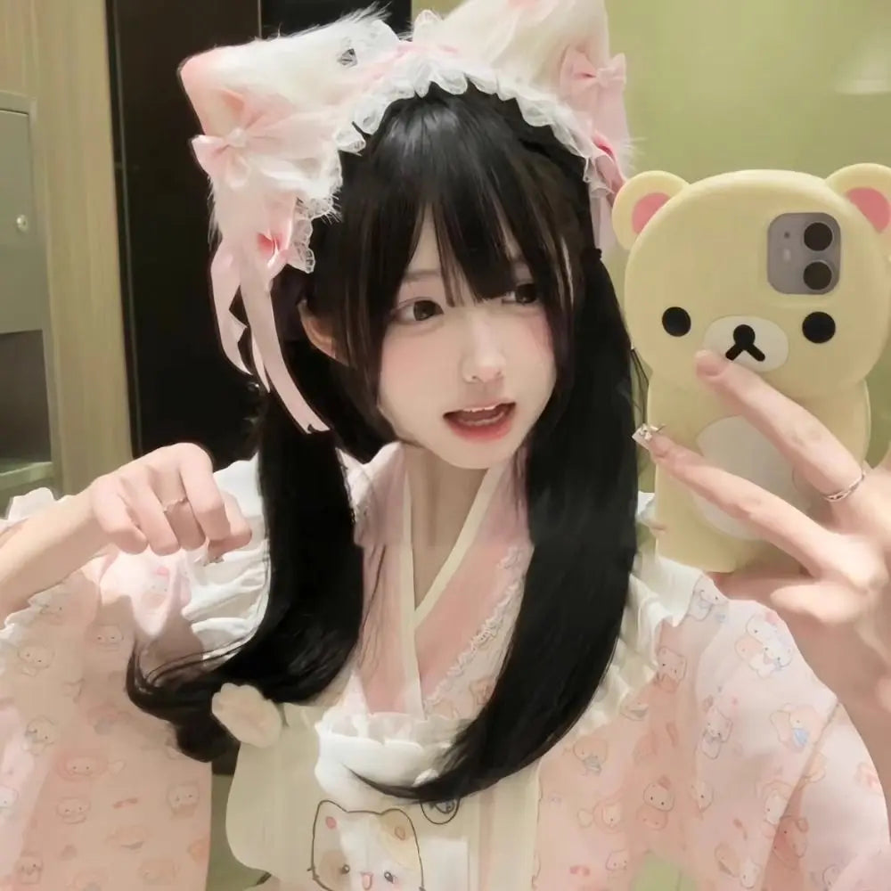 New Lolita Cat Ears Headband Lace Cosplay Head Wrap Bow Headdress Women