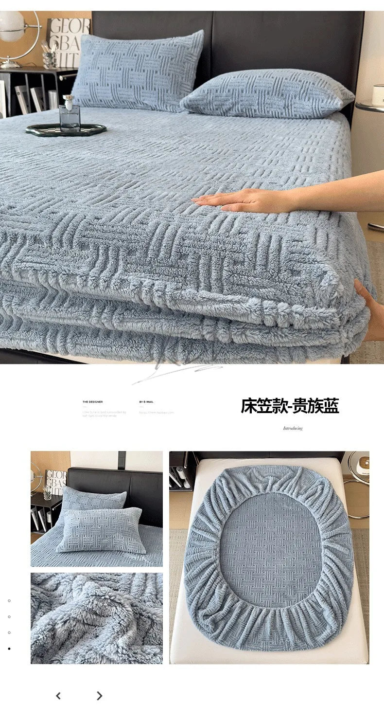 Winter Embossed Plush Fitted Sheet Soft Warm Coral Velvet Mattress Protector Cover Queen Size Deep Pocket Elastic Bed Sheet Set