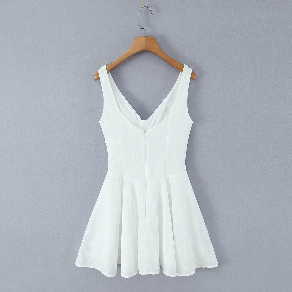 Sexy White Embroidery Floral Corset style Boning Tank Dress Women Cross Lacing up Bow Slim Waist Swing Short Dresses Vestdios