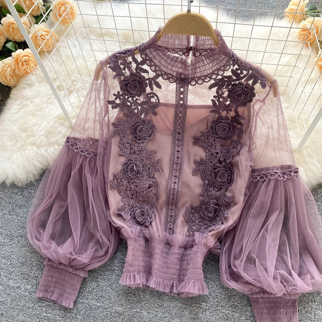 Lace Puff Long Sleeve Blouse Vintage Fashion Blouses Elegant Femme Blusas Korean Woman Tops Women Shirts Clothing Dropshipping