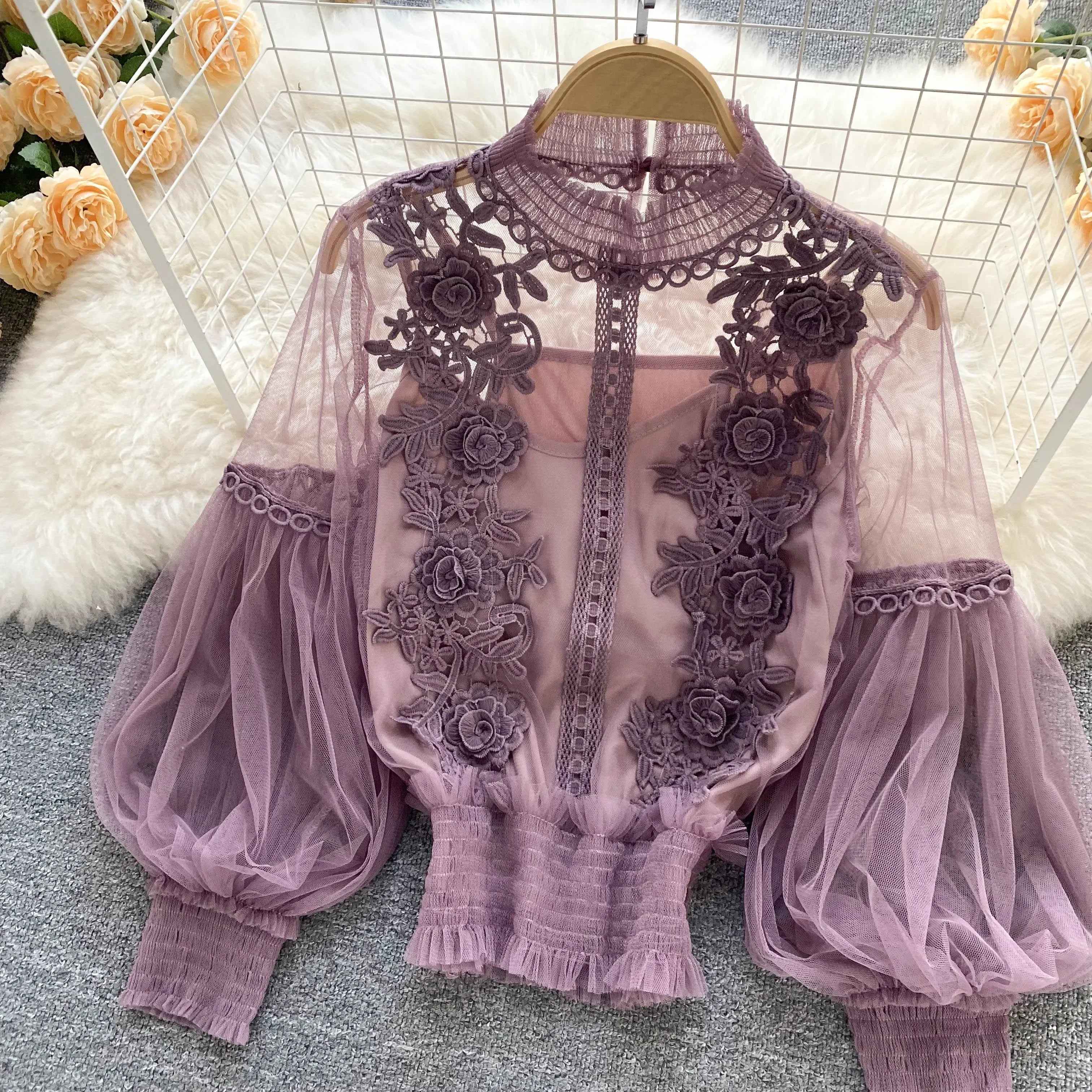 Lace Puff Long Sleeve Blouse Vintage Fashion Blouses Elegant Femme Blusas Korean Woman Tops Women Shirts Clothing Dropshipping