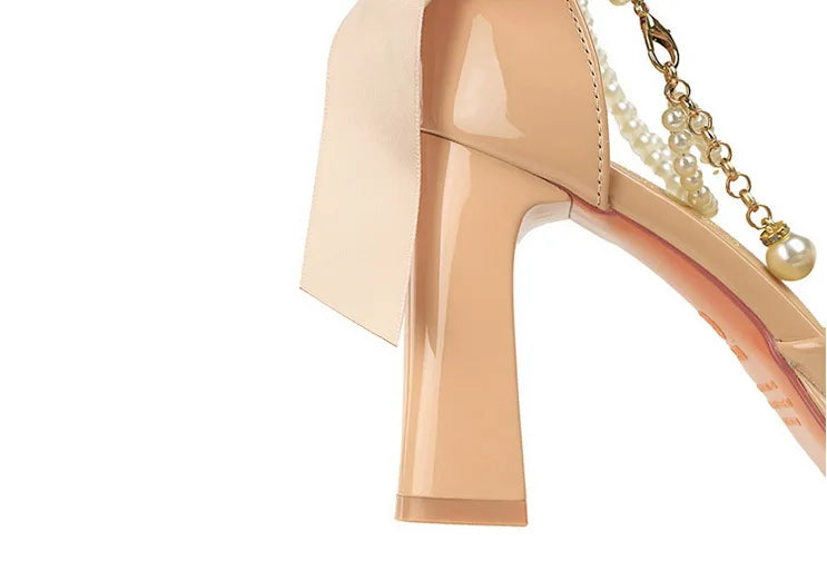 Square Toe Sandals Women 9CM Thick High Heel Summer Party Dress Shoes With White Bowknot Ankle Pearl Chain Platform Ladies Shoes