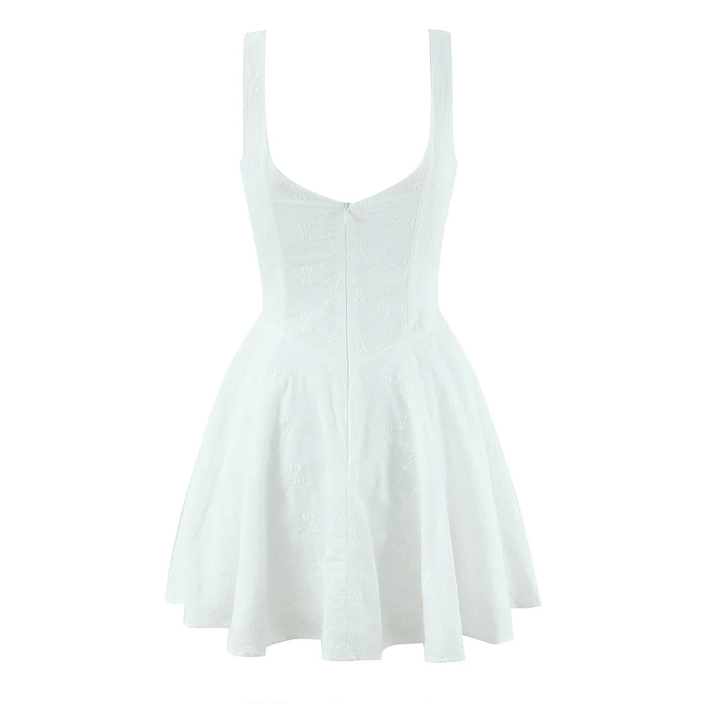 Sexy White Embroidery Floral Corset style Boning Tank Dress Women Cross Lacing up Bow Slim Waist Swing Short Dresses Vestdios