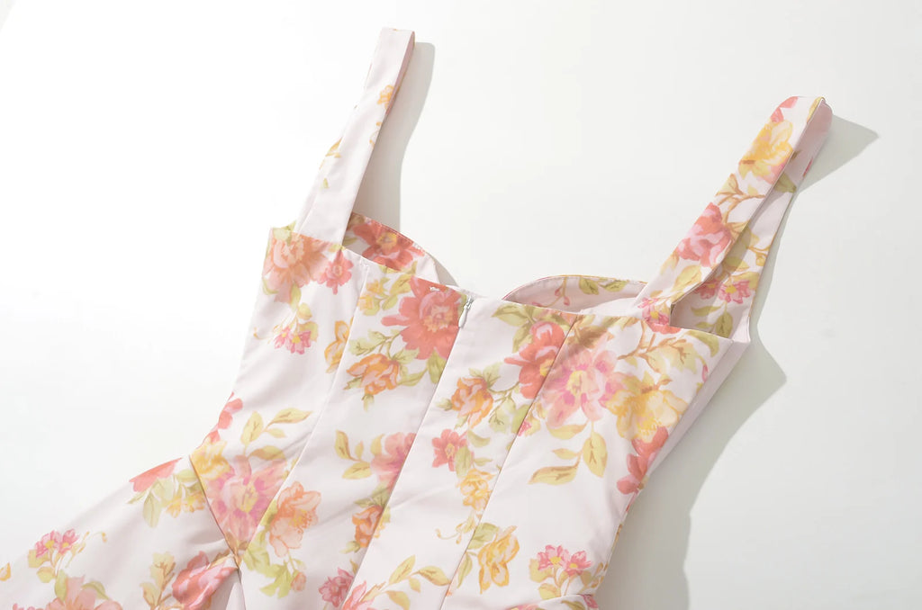 2024 Sexy Pink Flower Print V Collar Sling Dress Women Corset Style Low Waist Folds Hem Ball Gown Swing Mini Tank Robe