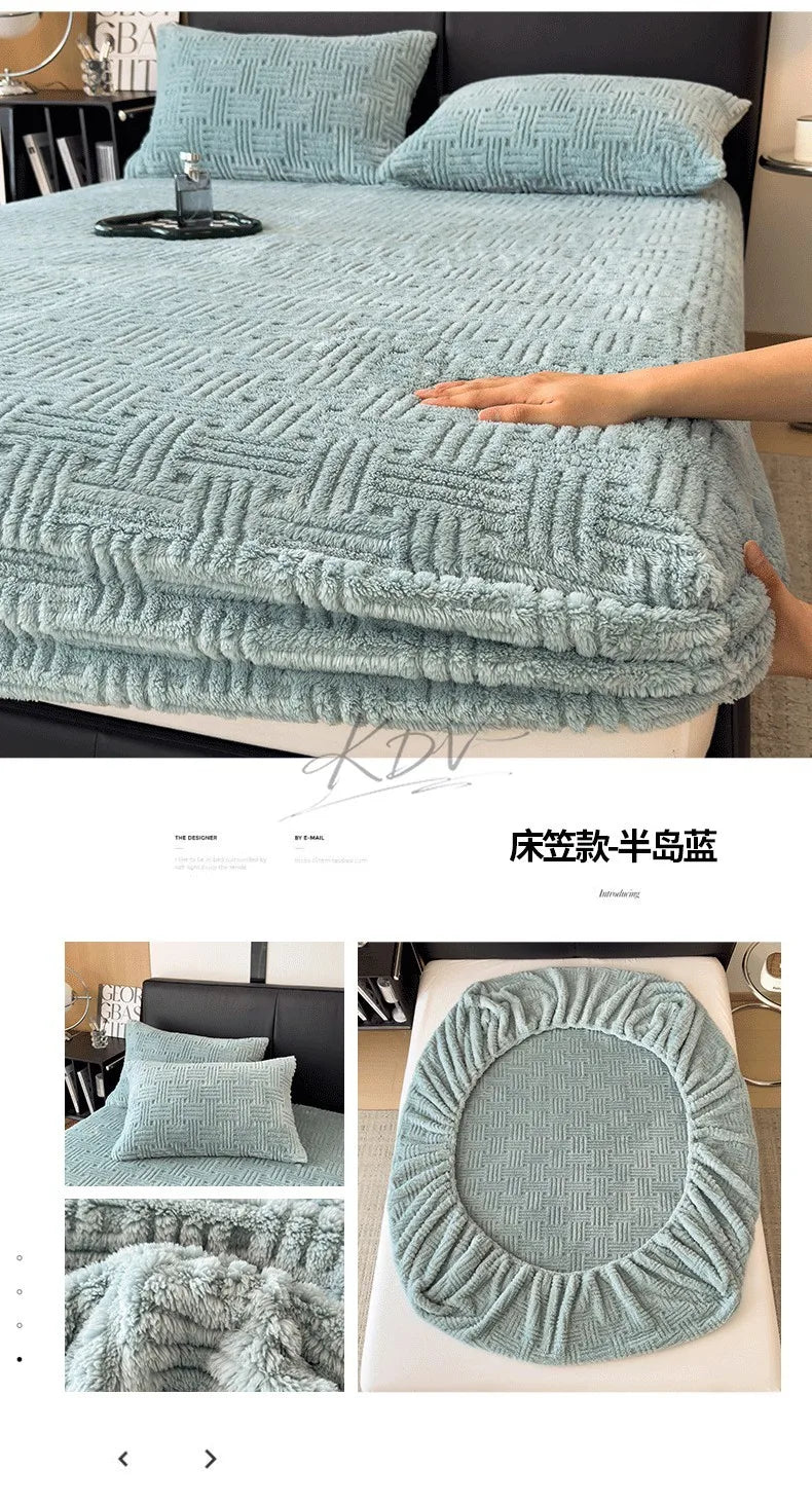 Winter Embossed Plush Fitted Sheet Soft Warm Coral Velvet Mattress Protector Cover Queen Size Deep Pocket Elastic Bed Sheet Set