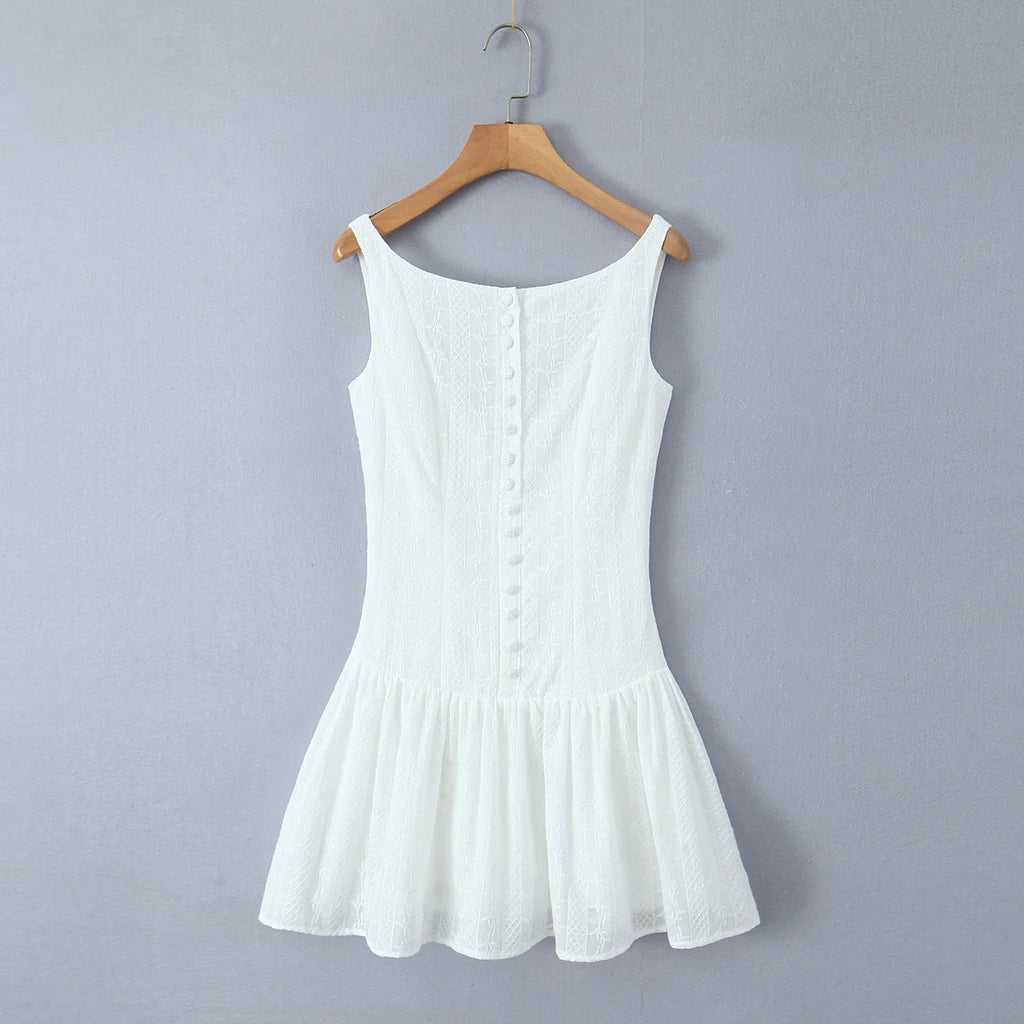 2024 Sexy White Embroidery Lace Low Waist Mini Tank Dress Women Open Buttons Neck Bodycon Sleeveless Ruched Hem Swing Party Robe