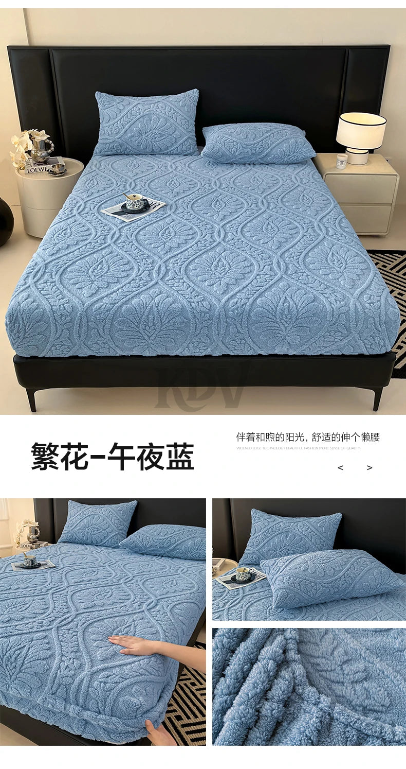 European Style Jacquard Taffeta Fitted Sheet Winter Warm Soft Plush Mattress Protector with Deep Pockets Floral Queen Bed Sheets