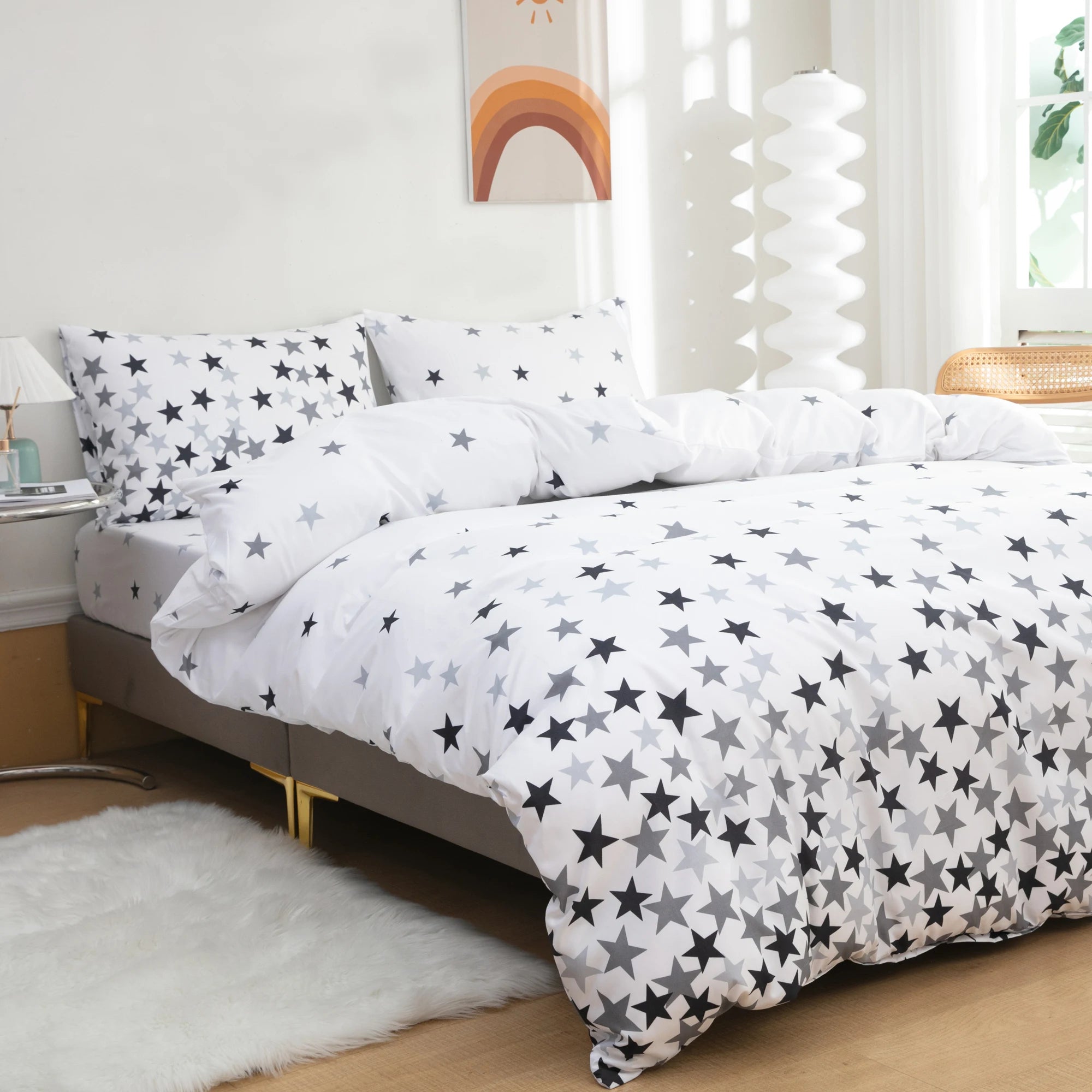 2 Pillowcases + 1 Duvet Cover, Polyester Fiber Star Print White Bedspread 3-Piece Set, Ultra-Soft and Comfortable Polyester Breathable Bedding Duvet Set, Suitable for Bedroom and Guest Room (Bedspread + Pillowcases, Without Q