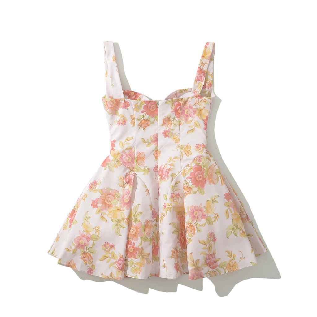 2024 Sexy Pink Flower Print V Collar Sling Dress Women Corset Style Low Waist Folds Hem Ball Gown Swing Mini Tank Robe