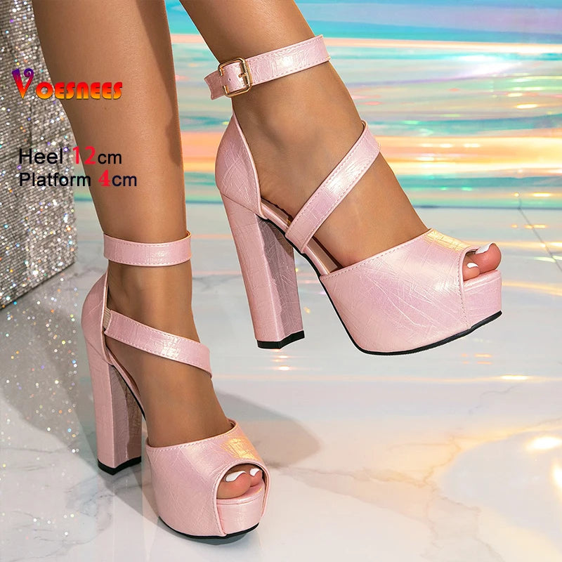 Fashion Buckle Strap Summer Platform Sandals For Women 12cm Chunky High Heel Pink Party Peep Toe Shoes Model Catwalk Show Heels